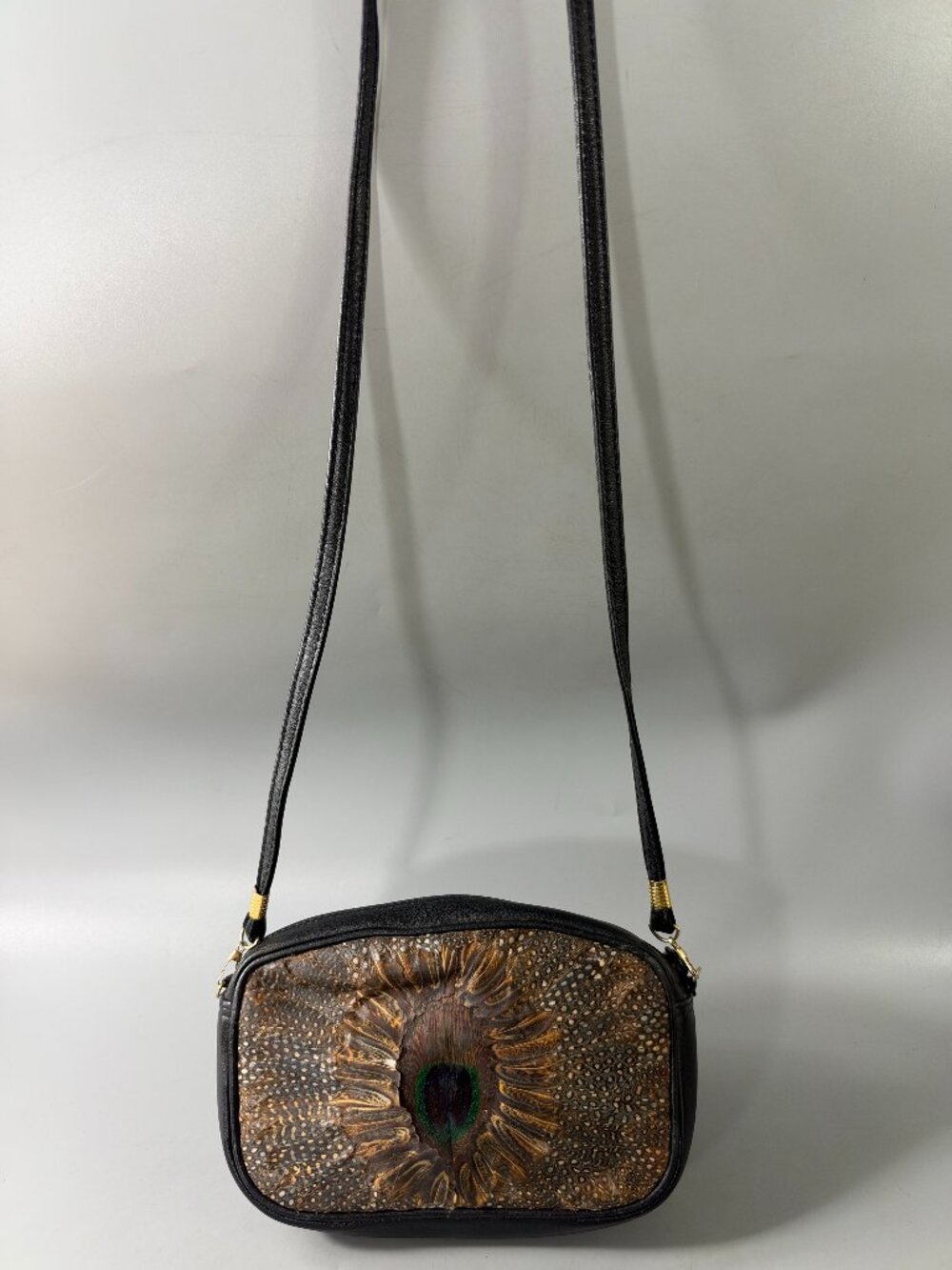 Vintage Genuine Peacock Feather with Black Leather Shoulder Bag